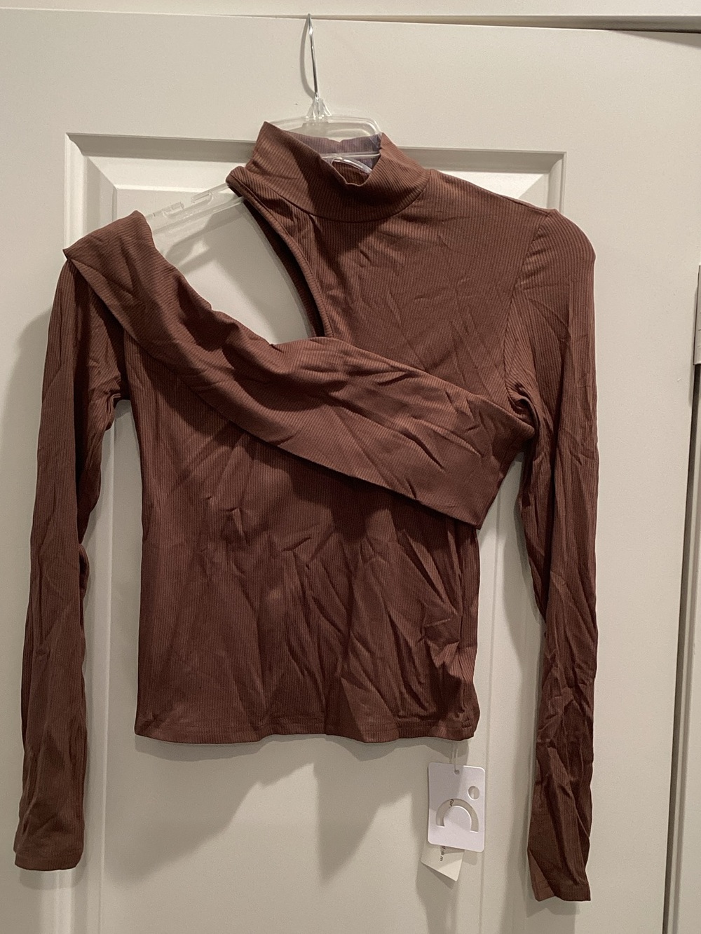 Commense Brown Ribbed Asymmetric Long-Sleeve Top